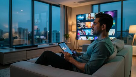 Homem brasileiro assistindo streaming em TV e tablet em apartamento moderno ao anoitecer.